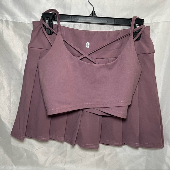 Purple matching crop top & pleated athletic tennis golf skirt workout set sz M - Picture 2 of 12
